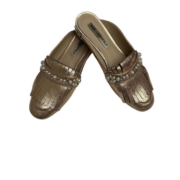 Karl Lagerfeld Pearl-Trimmed Metallic Bronze Fringe Loafers Size 9.5M - Picture 1 of 10